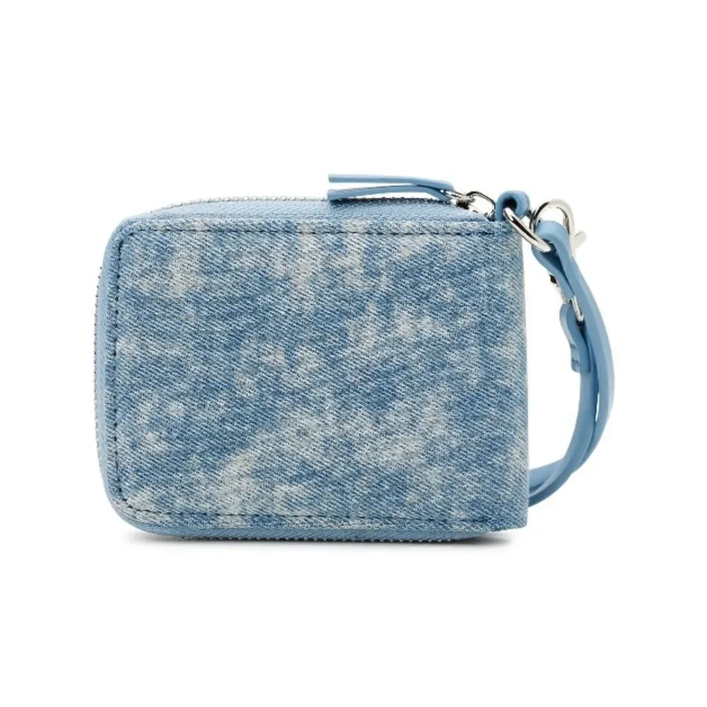 Women's Blue Washed Denim Flower Embroidered Wristlet Wallet Bag Purse